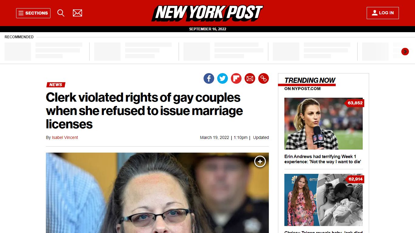Kim Davis found guilty of violating gay couples rights - New York Post