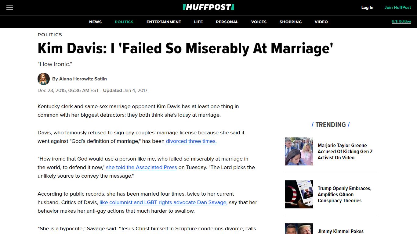 Kim Davis: I 'Failed So Miserably At Marriage' - HuffPost